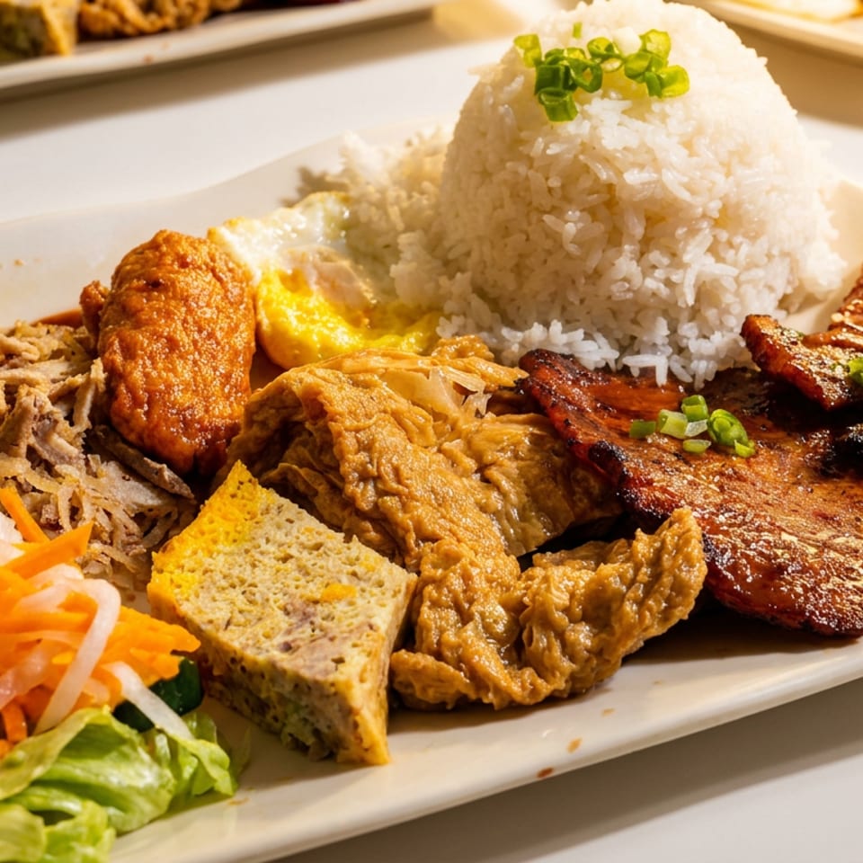 Assorted Indonesian dishes with white rice, grilled meats, fried items, vegetables, and sambal arranged on a rectangular platter.