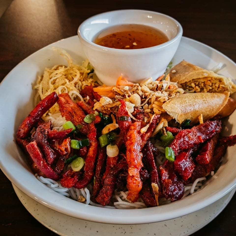Bowl of rice noodles topped with red chili-seasoned strips, green onions, crispy onions, spring rolls, and dipping sauce.
