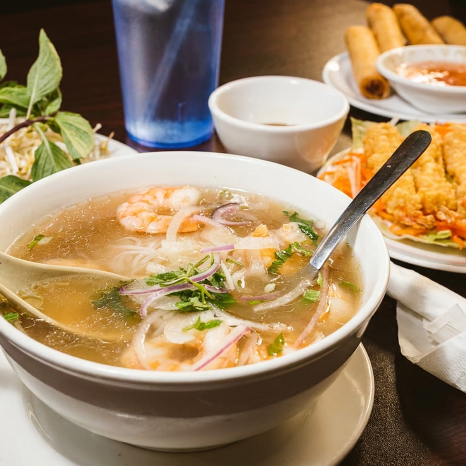 Vietnamese meal featuring shrimp noodle soup, fresh herbs, crispy spring rolls, dipping sauce, and Sriracha on a restaurant table.