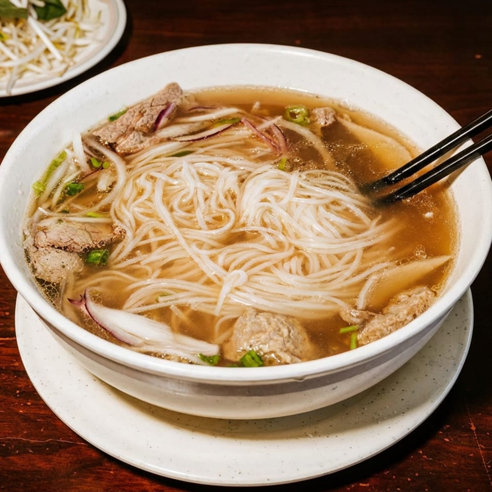 Vietnamese noodle soup with beef, herbs, and bean sprouts, accompanied by spring rolls and lime on a wooden table.