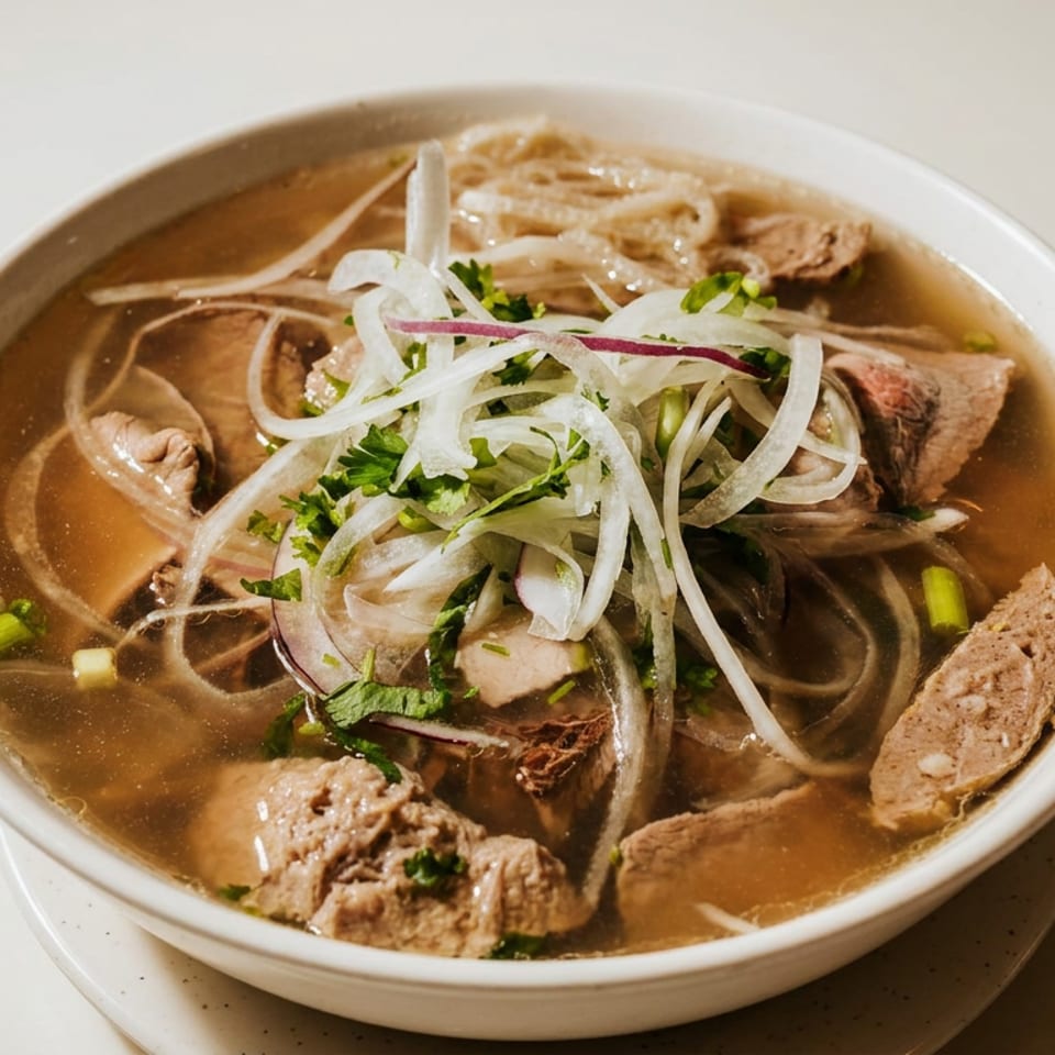 Bowl of Vietnamese pho with rice noodles, beef, herbs, onions, and bean sprouts, served with chopsticks.