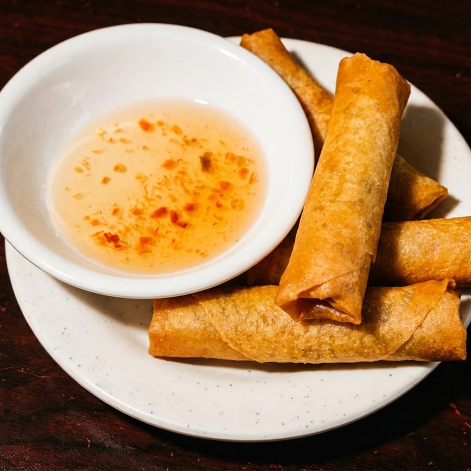 Golden fried spring rolls arranged on a white plate with a bowl of sweet chili dipping sauce.
