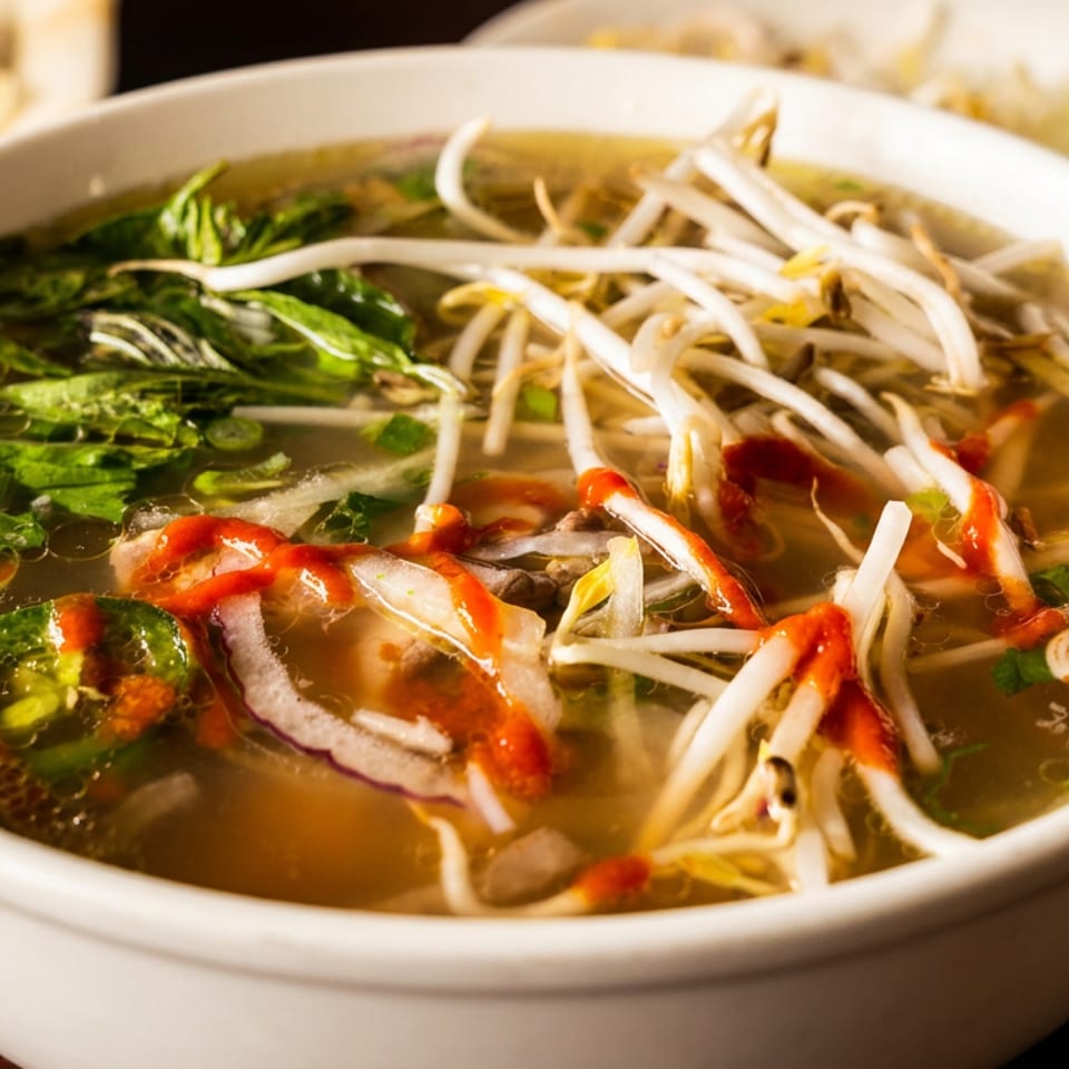 Bowl of Vietnamese pho topped with bean sprouts, leafy greens, sliced onions, jalapeños, and red chili sauce.