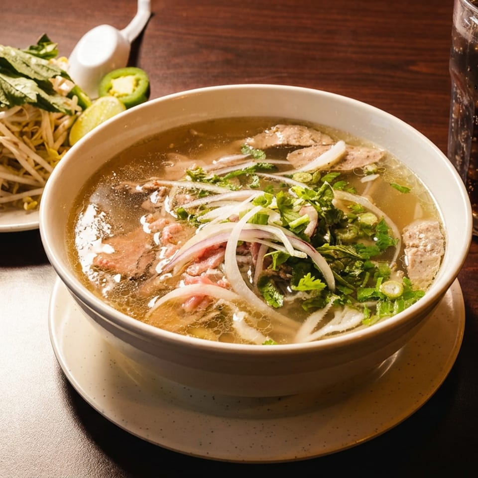 Vietnamese pho with beef, herbs, onions, and bean sprouts beside lime, jalapeño, and iced cola on a wooden table.