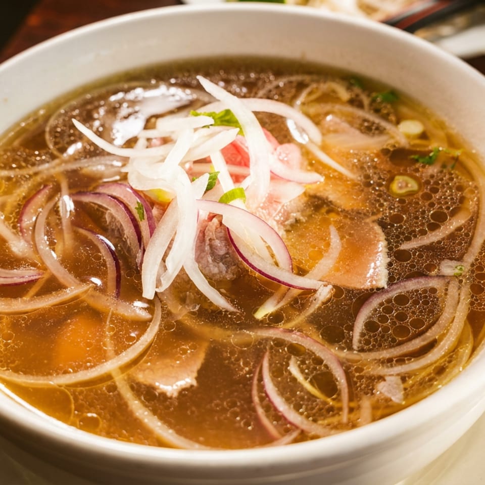 Bowl of golden broth topped with sliced red and white onions, herbs, and pieces of meat on a wooden table.